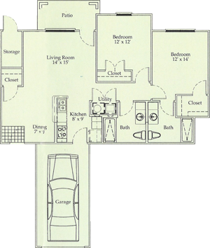 D - Two Bedroom / Two Bath / Garage - 985 Sq. Ft.*